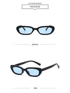 Front and side view of retro small oval sunglasses with black frames and blue lenses