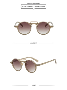 Detail view of jelly brown round sunglasses with gold double bridge and gradient lenses