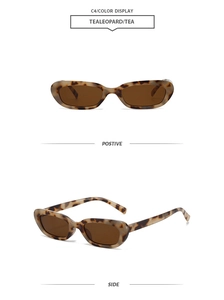 Front and side views of vintage small oval sunglasses with tea leopard pattern and brown lenses