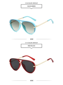 Detail view of gold metal temples on pilot sunglasses in blue and red frames