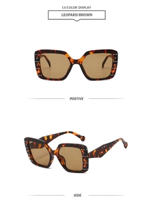 Detail of leopard print square sunglasses featuring studded rhinestones and tea lenses