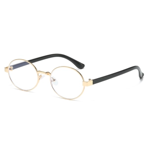 Retro round metal frame sunglasses with gold rim and black temples in a 45-degree side view