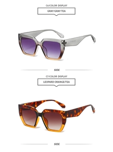 Detail view of stylish polygon sunglasses in transparent grey and leopard print frames