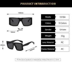Detailed size chart for square frame sunglasses showing precise dimensions and specifications