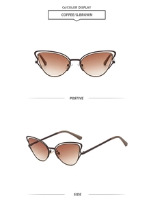 Detailed front and side views of vintage coffee brown cat-eye metal frame sunglasses