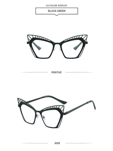 Front and side view of cat-eye frames with hollow top details in black green finish