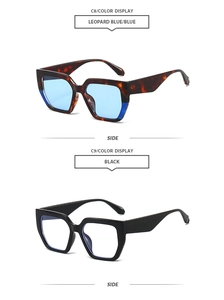 Detailed side view of geometric polygon sunglasses in leopard blue and black frames