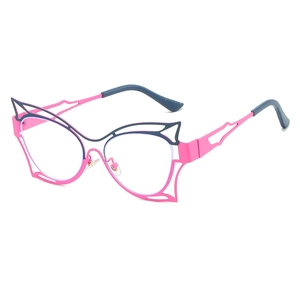 Fashionable butterfly frame glasses with pink and blue hollow metal cat eye design