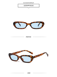 Detailed views of leopard print frame sunglasses with blue lenses from front and side angles