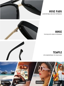 Detail of nose pads, hinges and ergonomic temples of black aviator sunglasses