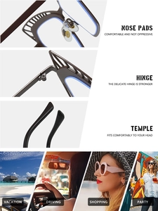 Detail view of adjustable nose pads, reinforced hinges and ergonomic cat-eye frame temples