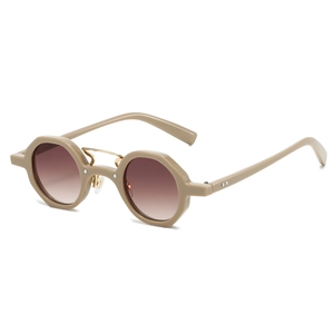 Retro polygon sunglasses with beige frame, gradient brown lenses and golden double bridge