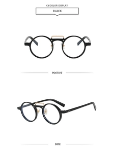 Front and side views of vintage black round sunglasses with golden double-bridge bars