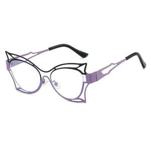 Fashionable butterfly hollow purple metal frame glasses shown in a 45-degree angle