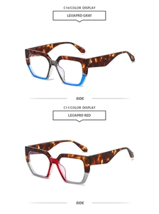 Detail view of square leopard print sunglasses frames with wide temples and bicolor design