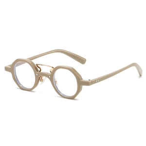 Retro polygon double-bridge sunglasses in khaki beige, 45-degree angle front view