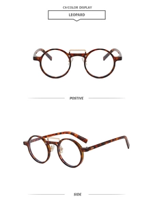 Front and side view of round leopard print sunglasses with gold metal double bridge
