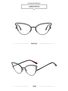 Front and side views of green cat-eye frames with stylish tortoiseshell temples