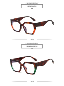 Detail view of C12 and C13 leopard print polygon sunglasses with tea and green gradients