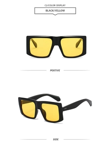 Front and side views of chunky square sunglasses with black frames and yellow lenses