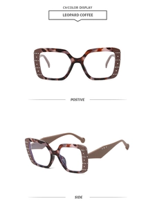 Macro detail of leopard print square sunglasses frame with double row silver rivets