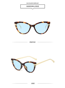 Detail view of tortoiseshell cat-eye sunglasses with blue lenses and gold metal accents
