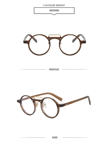 Front and side views of vintage brown round sunglasses with gold double bridge