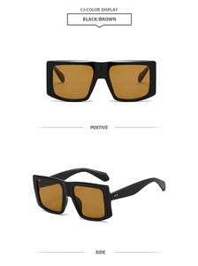 Detail view of square black sunglasses with thick frames and amber lenses from two angles