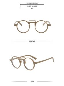 Front and side views of retro round light brown sunglasses with metal bridge detail