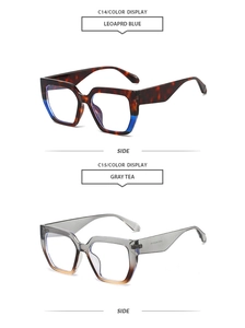 Side view of oversized polygonal sunglasses in leopard blue and gradient gray tea