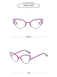 Front and side view of retro cat eye sunglasses with purple metal hollow frame