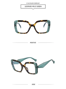 Detail of leopard jelly green oversized square sunglasses with crystal rhinestones