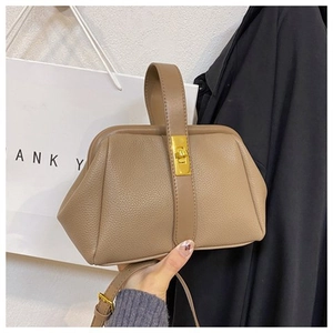Detail of brown litchi leather shell bag with elegant gold clasp and top handle