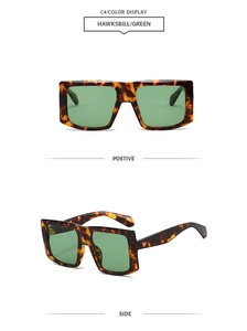Front and side views of vintage square tortoiseshell sunglasses with green lenses
