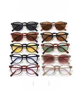 Detailed grid of retro round sunglasses showing 10 different frame and lens color options