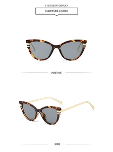 Detailed front and side views of vintage hawksbill cat-eye sunglasses with gray lenses