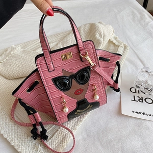 Women Crocodile Pattern Handbag Fashion Cartoon Sunglasses Face Shoulder Bag With 3D Pearl Embellishment PU Leather Wing Bag