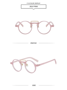 Front and side view of jelly pink round sunglasses with a golden double bridge detail