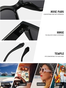 Detailed views of ergonomic nose pads, sturdy hinges, and stylish oversized sunglasses frames