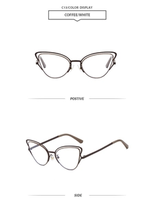 Detail view of coffee and white hollow cat-eye sunglasses with metal layered temples