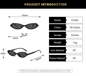 Detailed size chart for retro cat eye sunglasses with frame and lens measurements