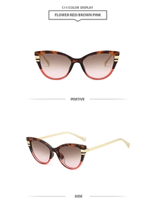 Detail view of cat eye sunglasses featuring tortoiseshell frames and gold metal temples
