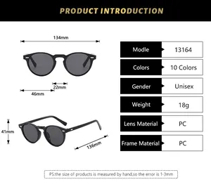 Size chart showing 134mm width and PC material details for round retro sunglasses