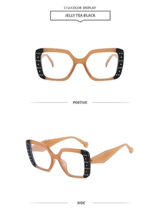 Front and side view of square frame sunglasses with jelly tea black finish and rivets