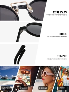 Detail view of double bridge round sunglasses with reinforced hinges and nose pads