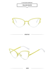 Detailed view of yellow cat eye sunglasses with white metal temples and silicone nose pads