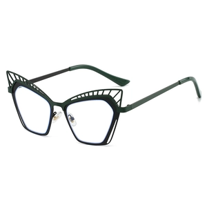 Fashionable hollow cat-eye glasses with dark green frame and slim metal temples