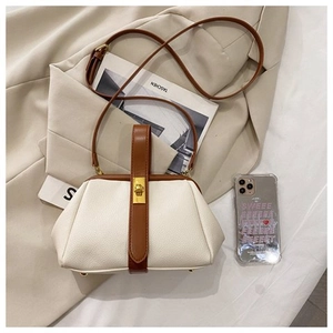 Flat lay of cream shell bag with brown leather trim and golden twist lock closure