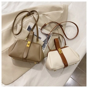 Detail of minimalist doctor bag textures with gold clasps in khaki and beige tones