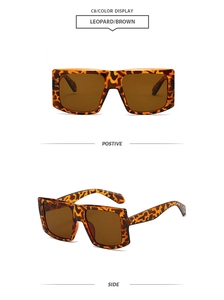 Detail view of leopard print square sunglasses with dark brown lenses from front and side